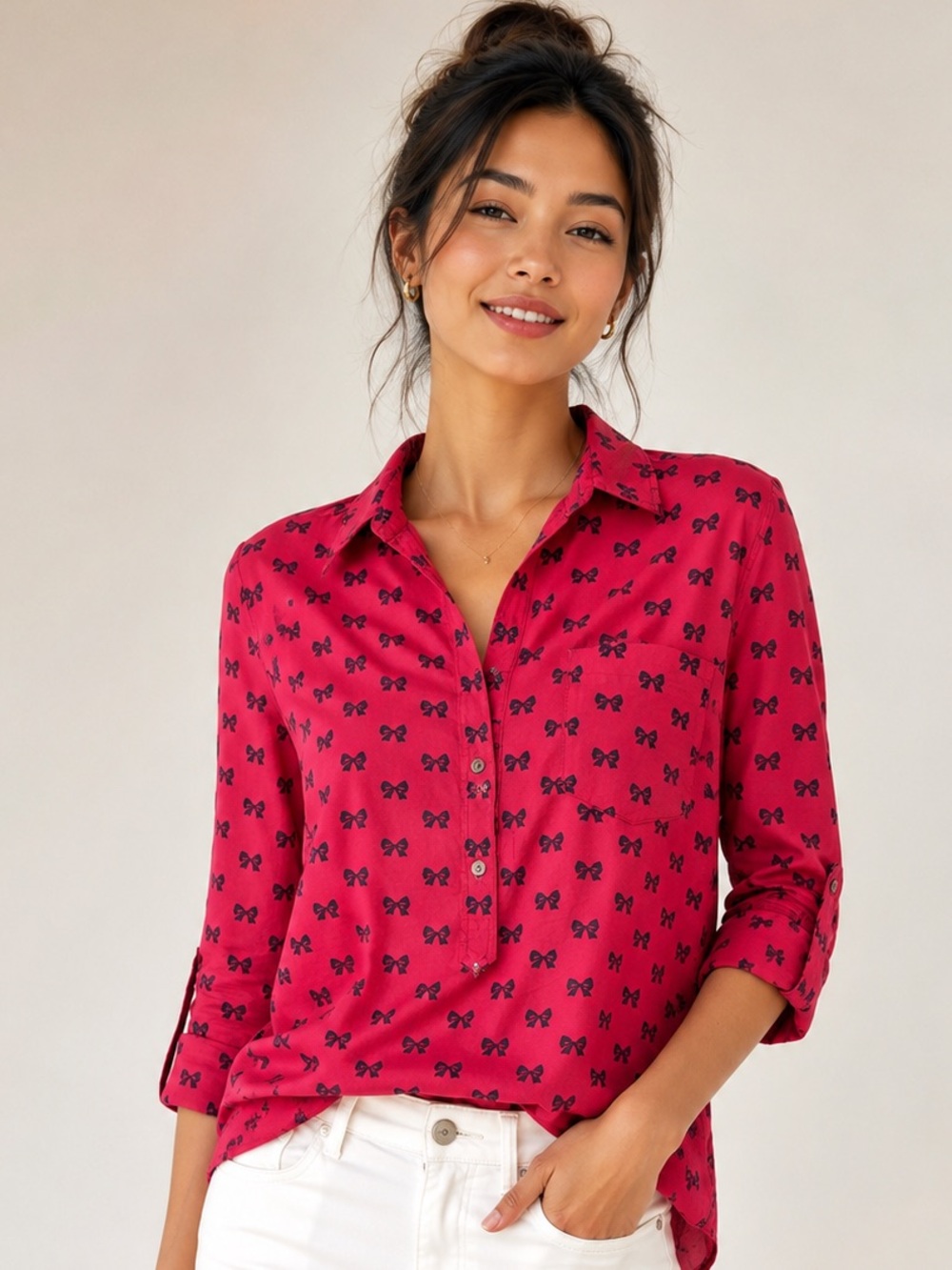 J. Crew cotton silk blend Fuchsia Bow Print Button-Front Blouse 10